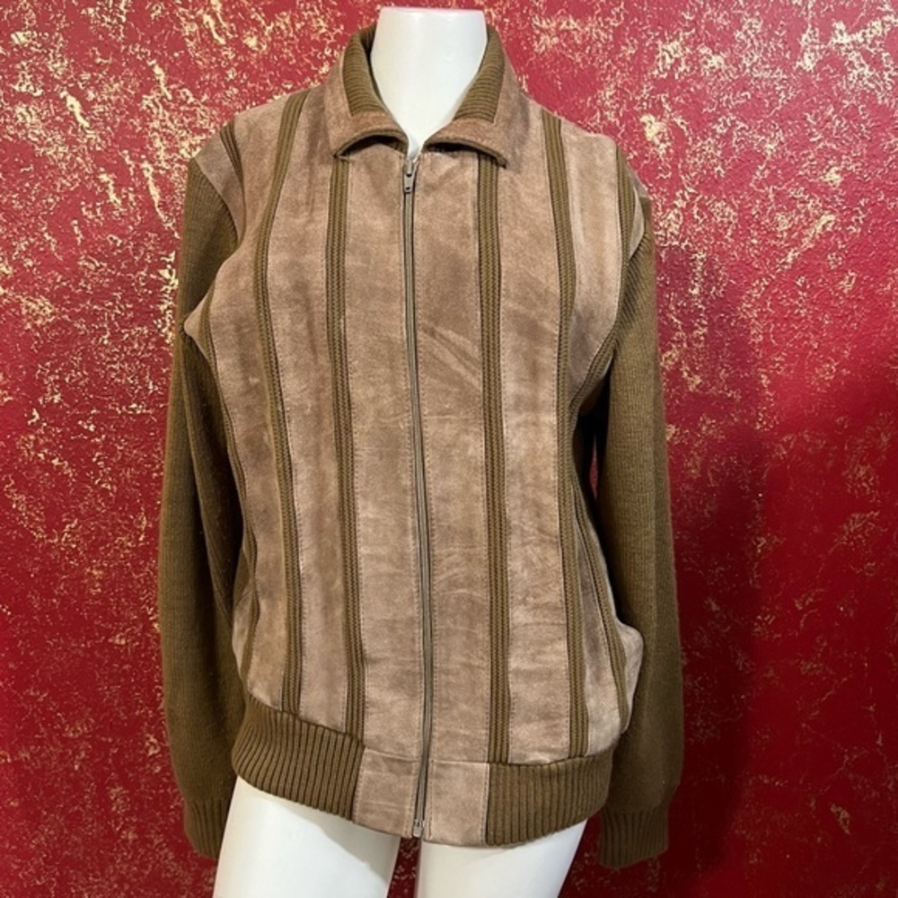REPAGE Vintage Zip Up Leather Splits Sweater Bomber Jacket L